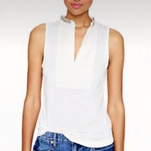 🇪🇸 J Crew Factory beaded tuxedo pintuck bib sleeveless top embellished pleated - Picture 2 of 7
